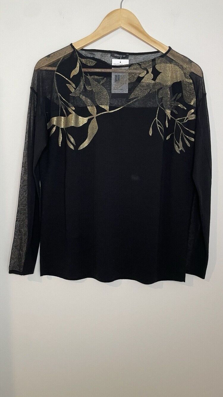 NWT Lafayette 148 Semi Sheer Bateau Neck Jacquard Lace Sweater Black Gold Small